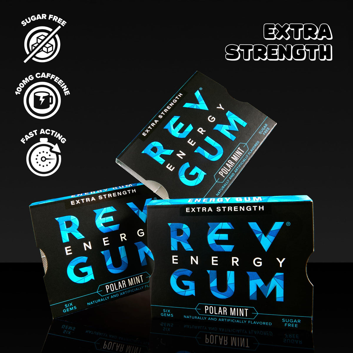 REV Gum polar mint closeup for refreshing taste and focus boost.