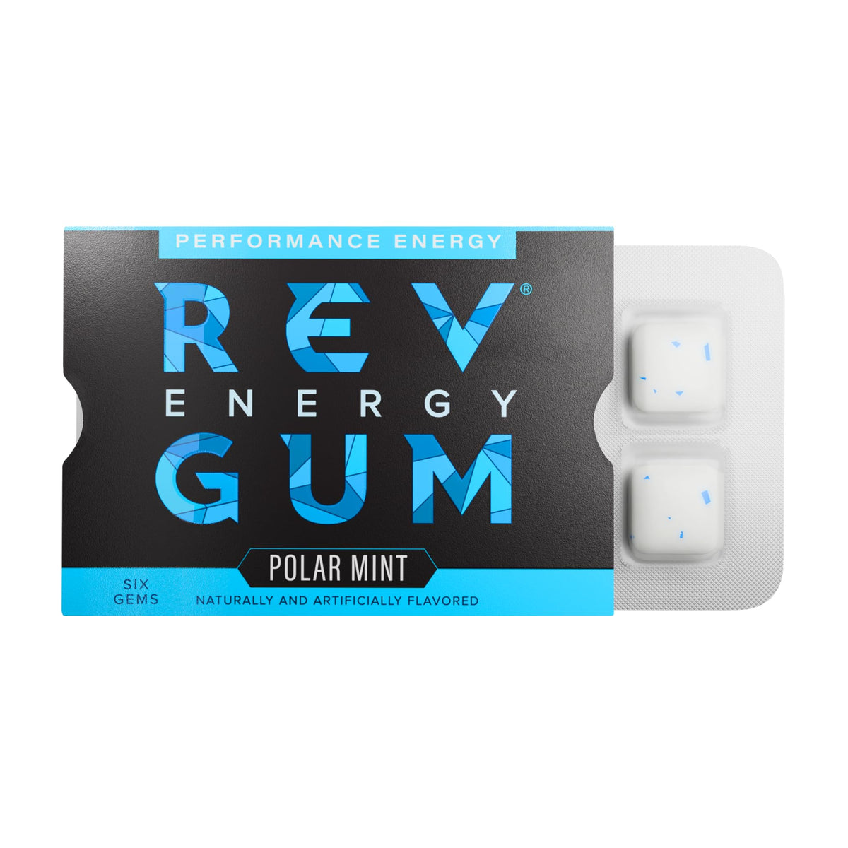 REV Gum energy gem front-pack view for on-the-go focus and quick alertness.
