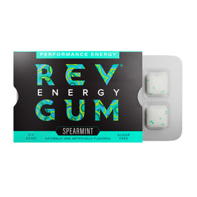 Rev Gum energy packaging displays 12-pack, convenient on-the-go caffeine boost.