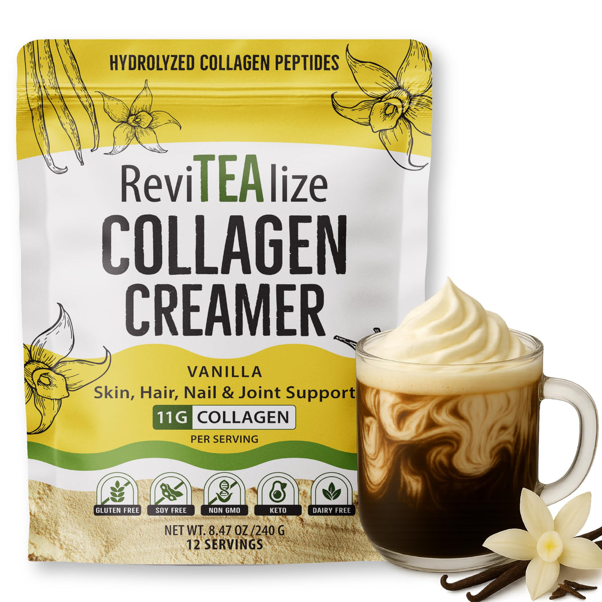 Revitealize collagen creamer blends smoothly into coffee for a creamy, protein-rich morning.