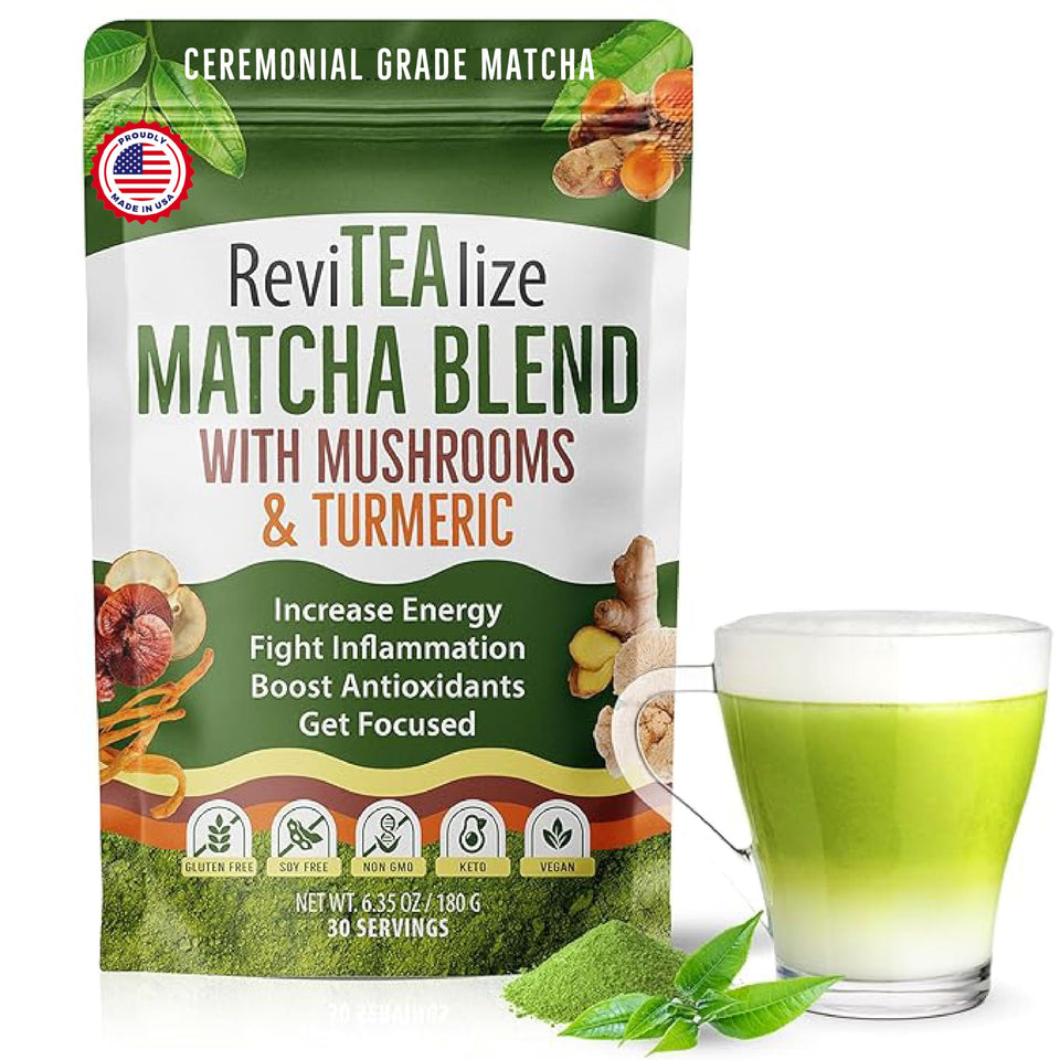 Revitealize Matcha Mushroom Latte Blend bottle; premium label for everyday energy.