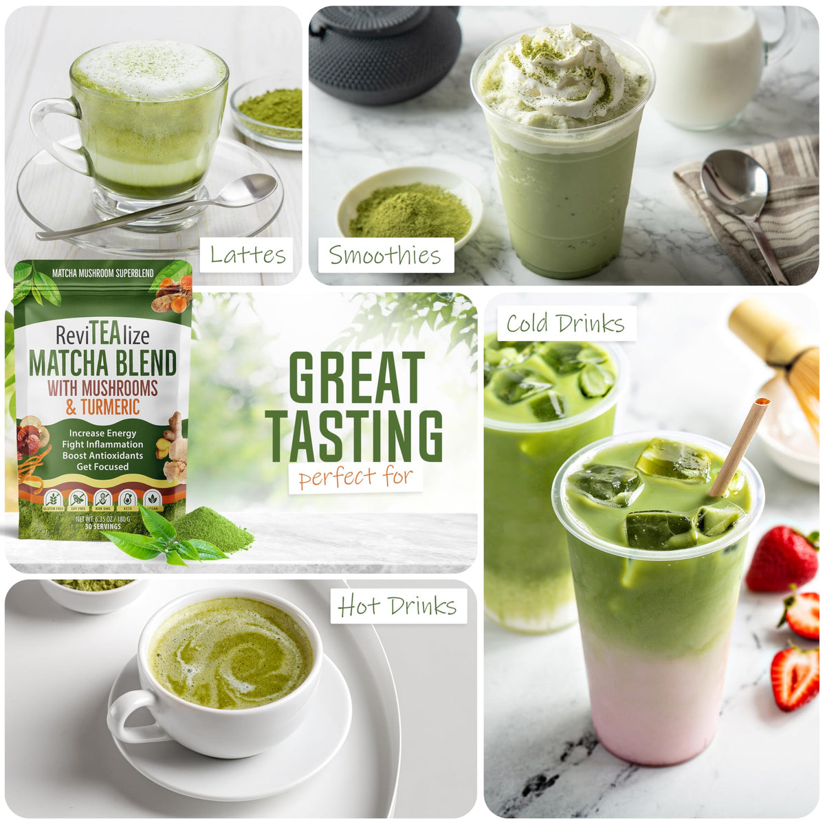 Revitealize ingredients label shows ceremonial matcha and seven-mushroom blend for bold flavor.