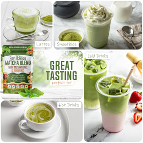 Revitealize ingredients label shows ceremonial matcha and seven-mushroom blend for bold flavor.