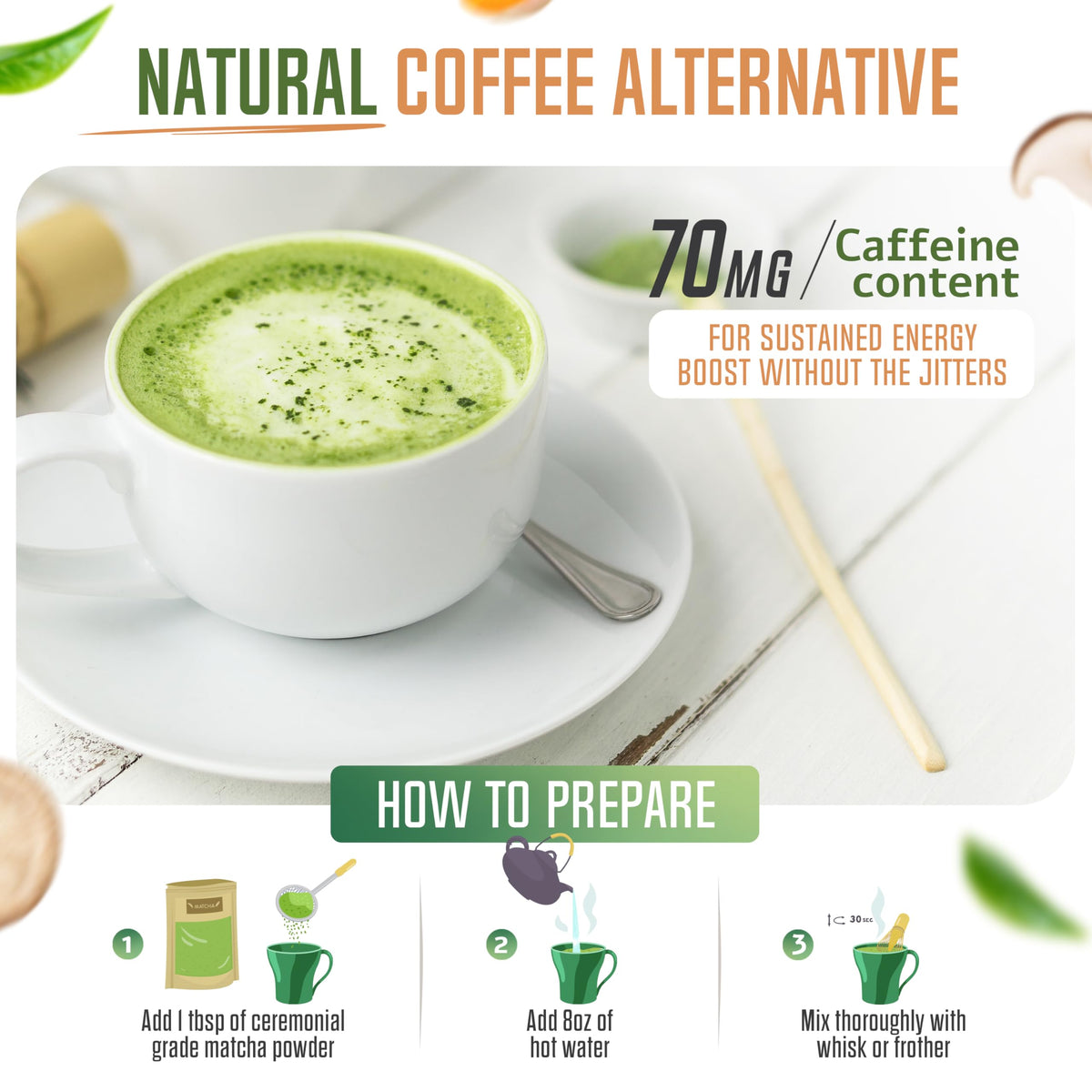 Revitealize Matcha Mushroom Latte Blend mug with prepared latte and inviting aroma.
