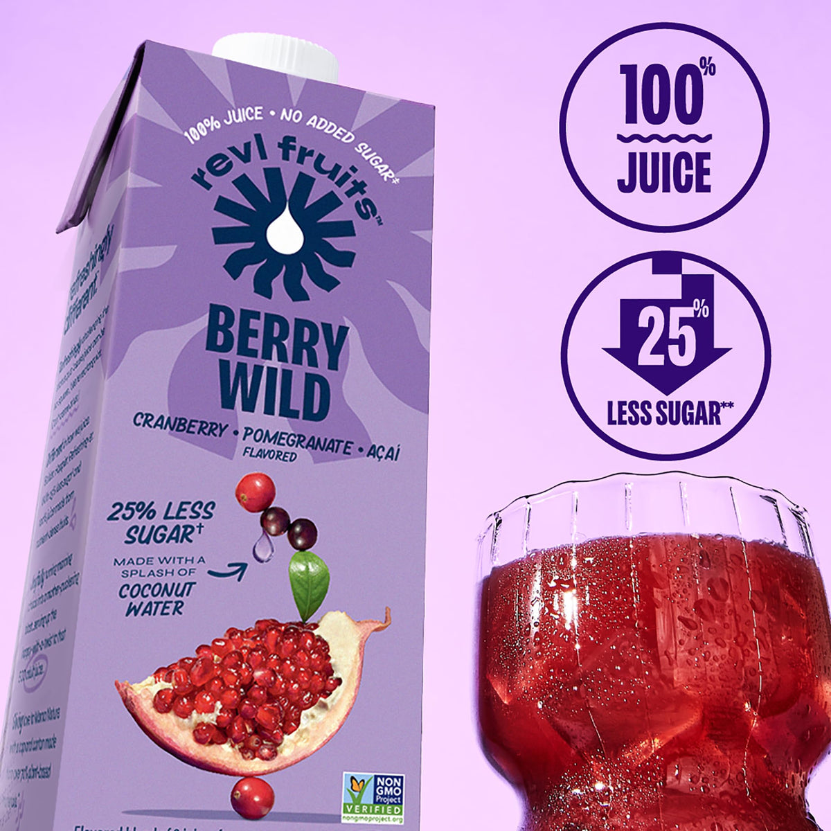 REVL FRUITS Berry Wild juice glass with coconut water splash, no added sugar