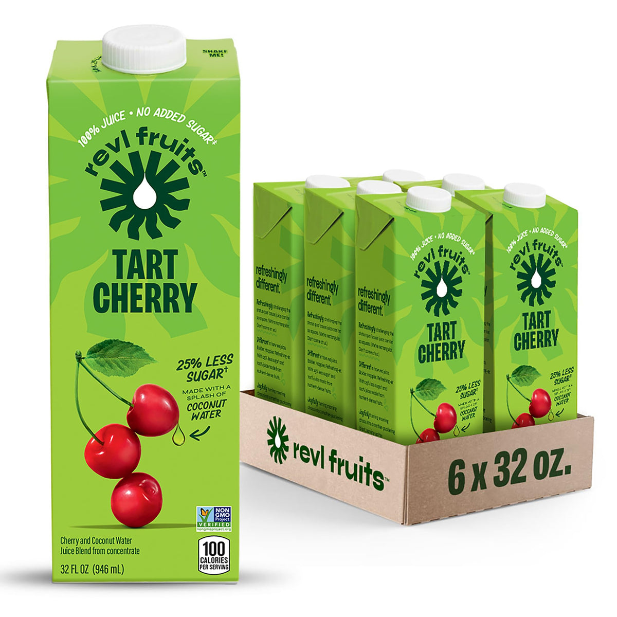 REVL FRUITS Tart Cherry juice bottle front showing no added sugar.