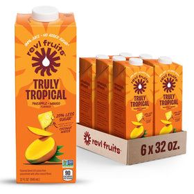 Revl Fruits Truly Tropical pineapple-mango juice carton 6-pack, ideal for family gatherings.