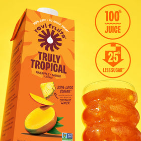 Revl Fruits pineapple-mango juice pour highlights tropical aroma and convenience.