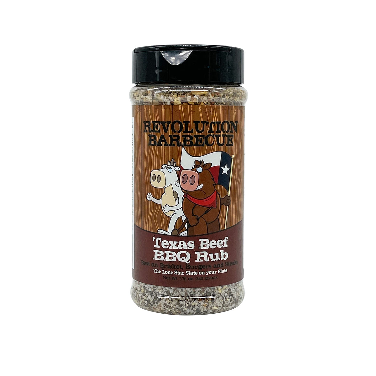 Revolution Barbecue Texas Beef Rub bottle enhances beef flavor.
