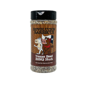 Revolution Barbecue Texas Beef Rub bottle enhances beef flavor.