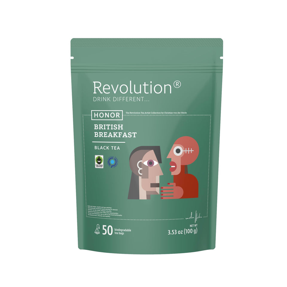 Revolution Tea English Breakfast pyramid bags for a bold, energizing morning brew