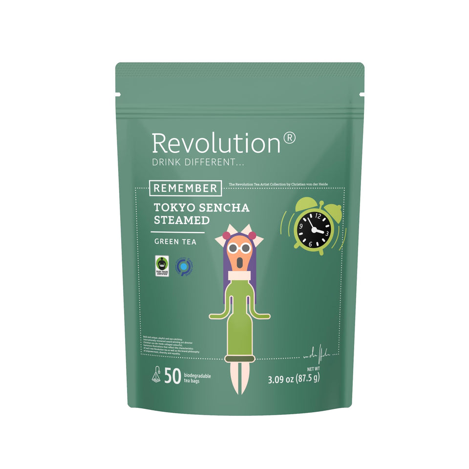 Revolution Tea Sencha steamed leaves in a cup, pure Japanese green tea flavor