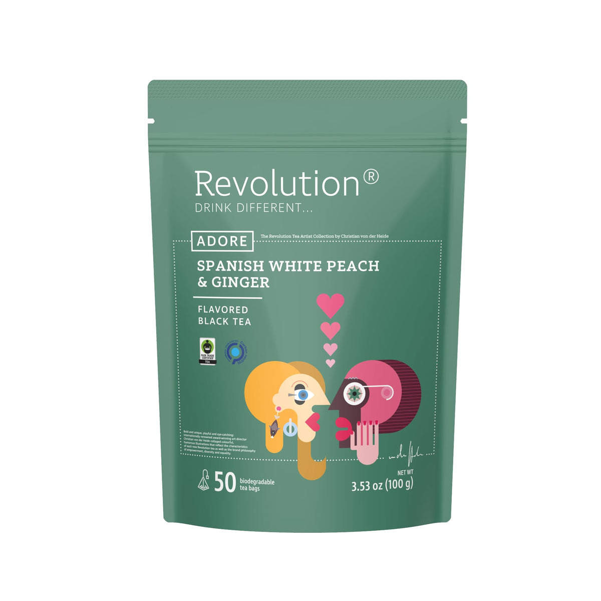 Revolution Tea Sweet Ginger Peach Black Tea packaging showcases premium full-leaf blend for daily sipping.