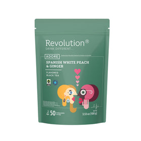 Revolution Tea Sweet Ginger Peach Black Tea packaging showcases premium full-leaf blend for daily sipping.