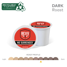 REVV No Surrender dark roast cup showing deep flavor and smooth finish