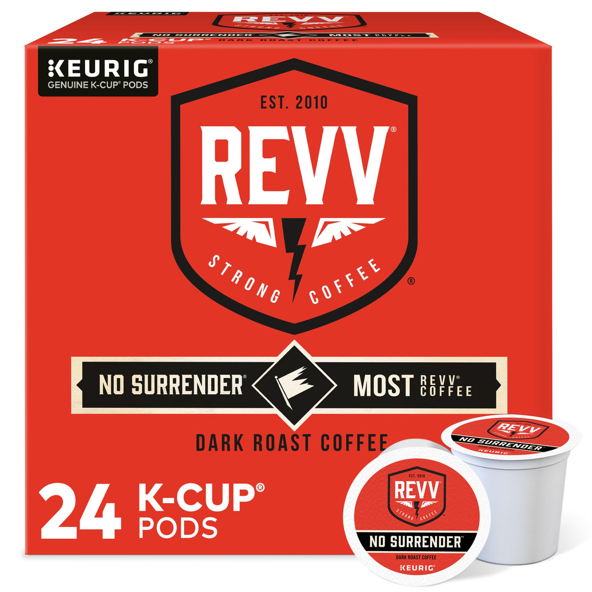 REVV No Surrender dark roast pods in a box delivering bold aroma for morning brews