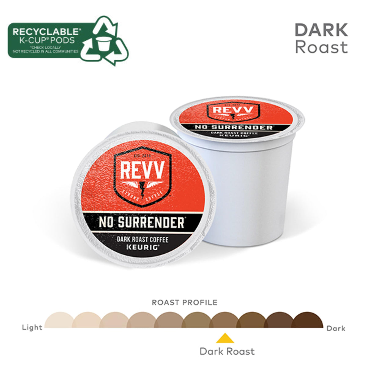 REVV No Surrender K-Cup label emphasizes kosher certification and convenient use
