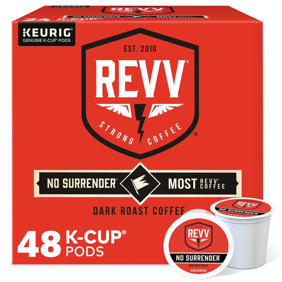 REVV No Surrender packshot showing the 48-count box for bold morning brews