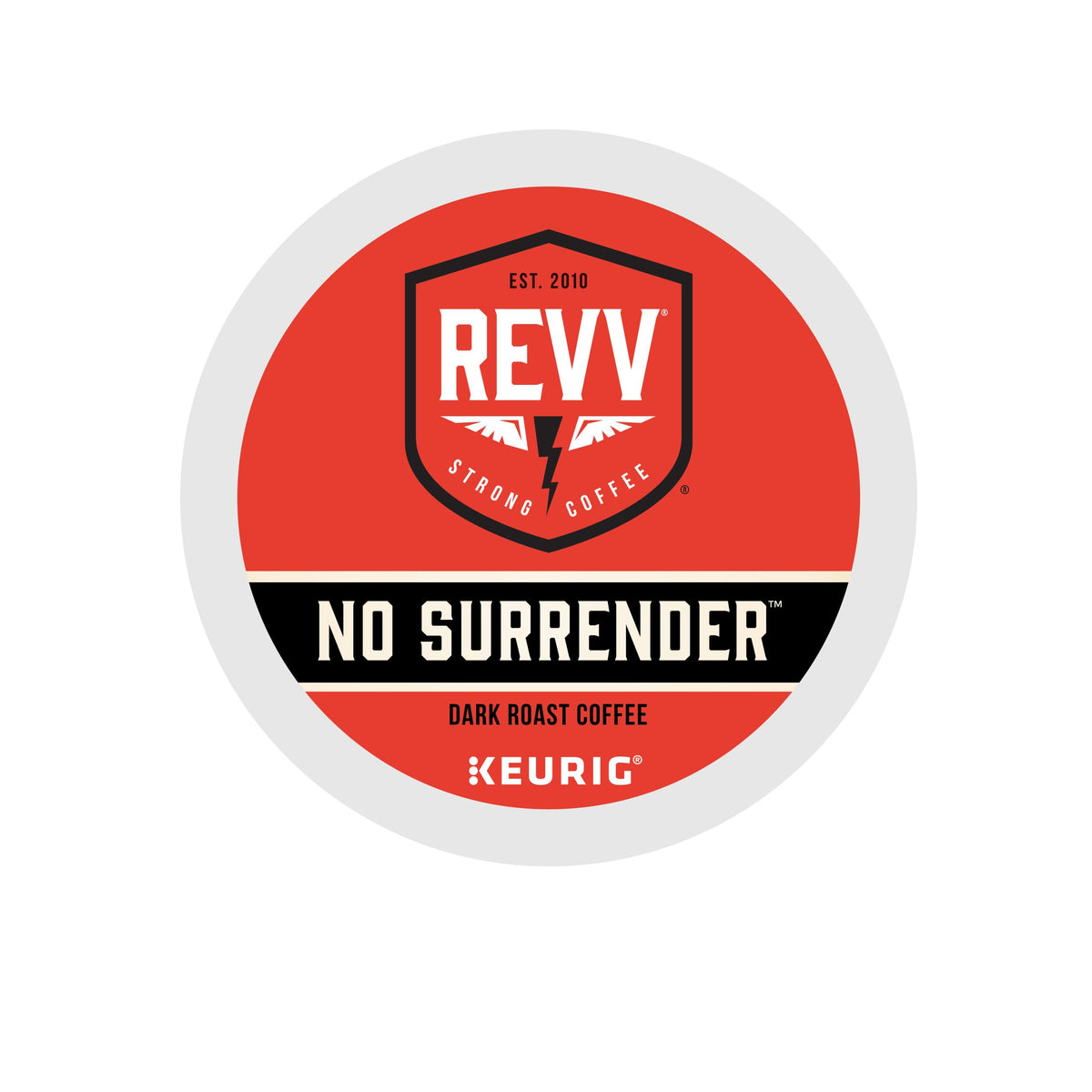 REVV No Surrender pod closeup highlights rich dark roast flavor and smooth finish