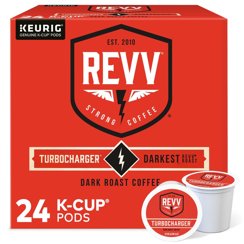 REVV Turbocharger dark roast K-Cup pods deliver bold morning coffee.