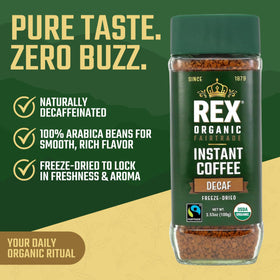 Rex Coffee aroma steaming cup highlights inviting scent and smooth decaf flavor.