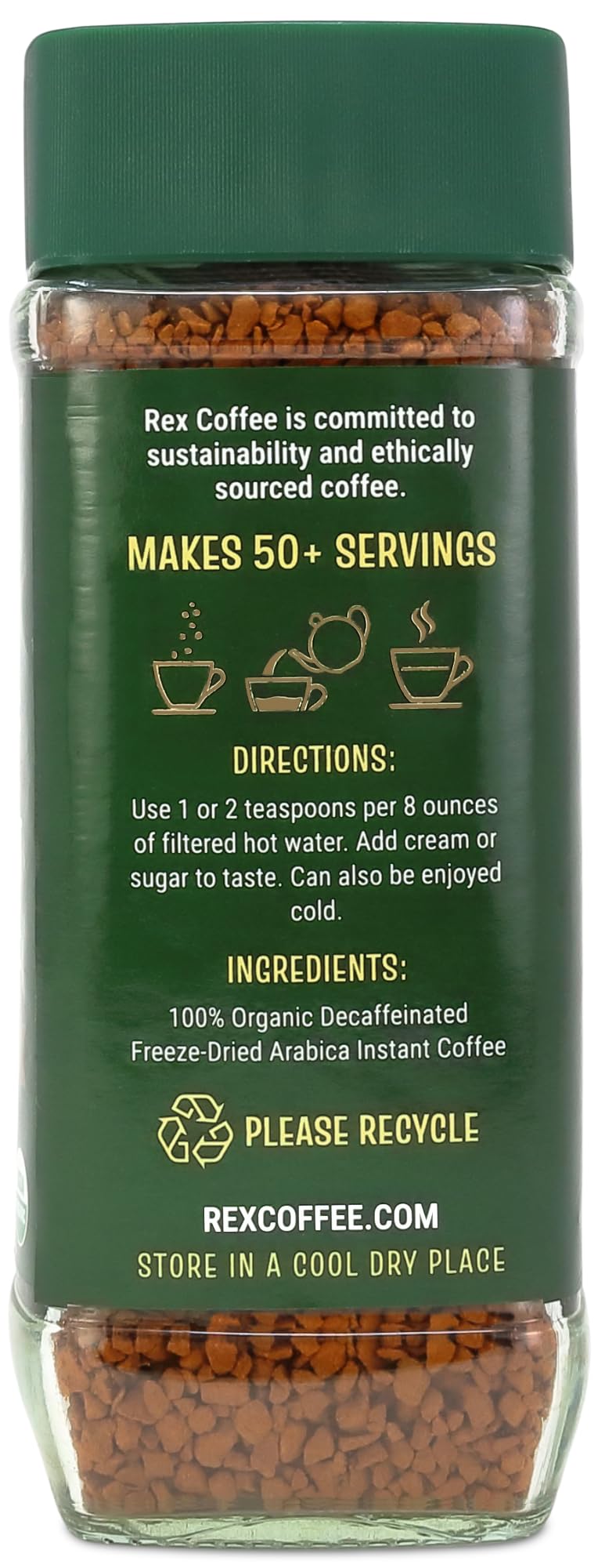 Rex Coffee eco-friendly packaging glass jar underscores sustainability and freshness.