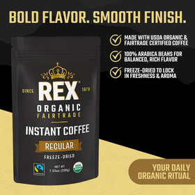 Close-up of Rex Coffee freeze-dried granules ready for instant use.