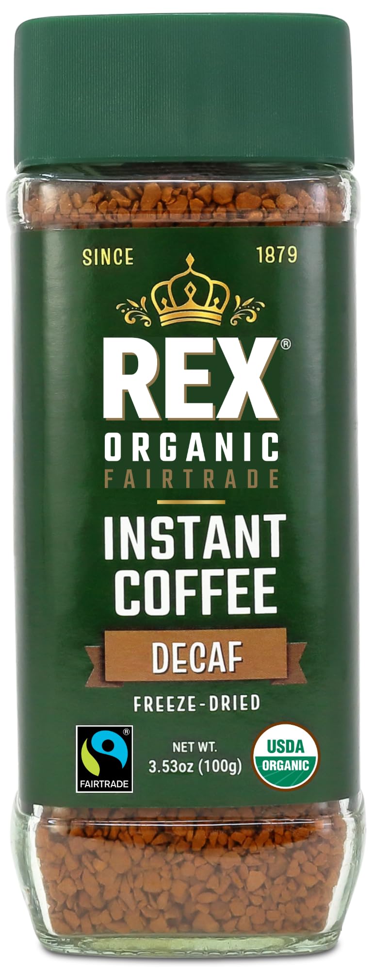 Rex Coffee Organic Fairtrade Decaf Instant glass jar pour shows convenient, clean cups.