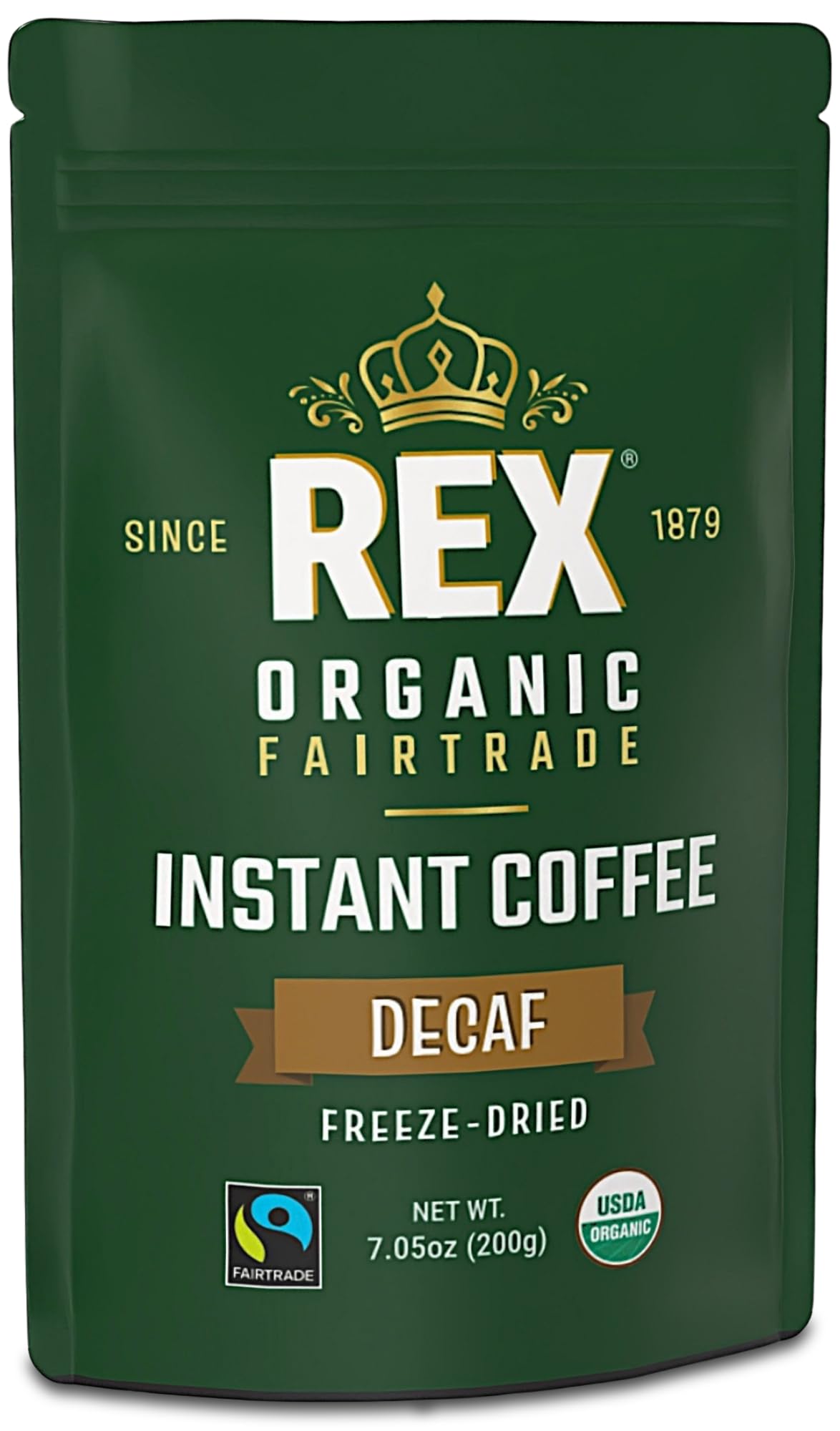 REX COFFEE Organic Fairtrade Decaf Pouch on counter, fresh and convenient.
