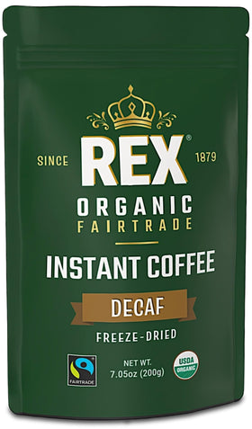 REX COFFEE Organic Fairtrade Decaf Pouch on counter, fresh and convenient.