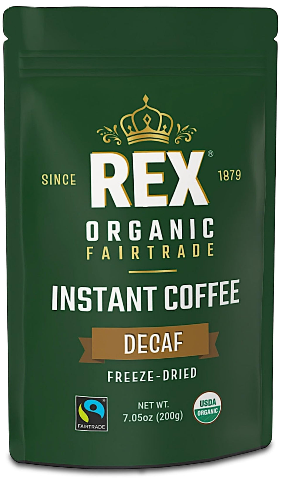 REX COFFEE Organic Fairtrade Decaf Pouch on counter, fresh and convenient.