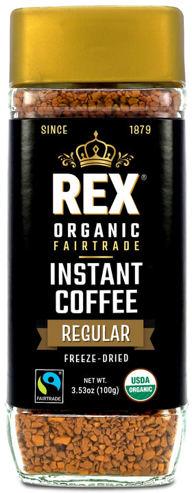 REX COFFEE organic fairtrade instant coffee in a recyclable glass jar preserves freshness