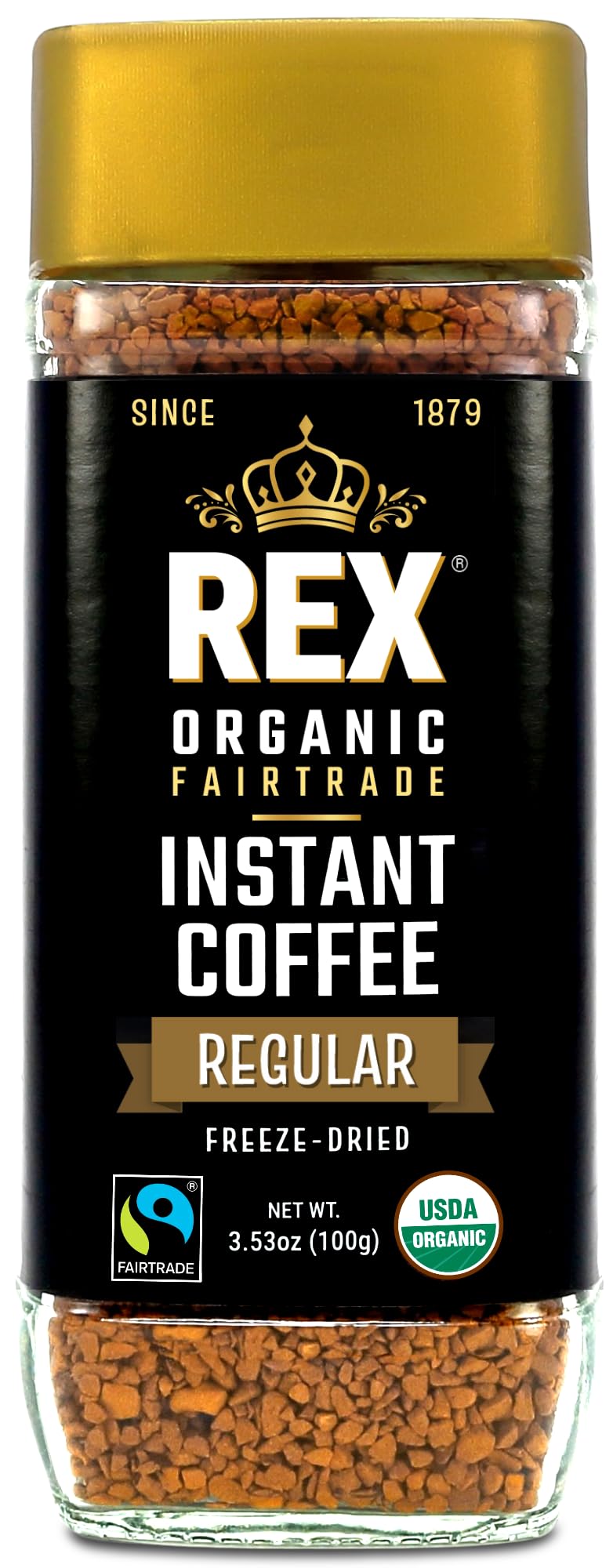 REX COFFEE organic fairtrade instant coffee in a recyclable glass jar preserves freshness