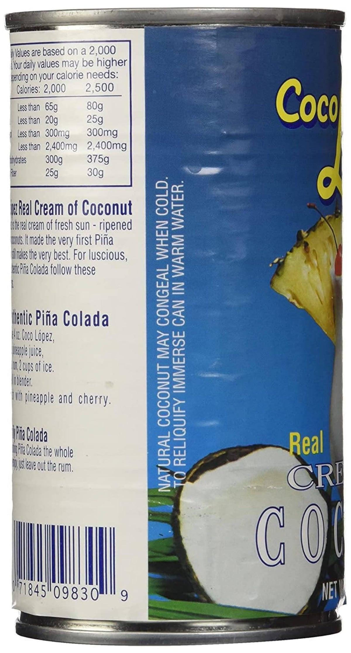 Rex Cream of Coconut can with coconut meat close-up and texture hints.