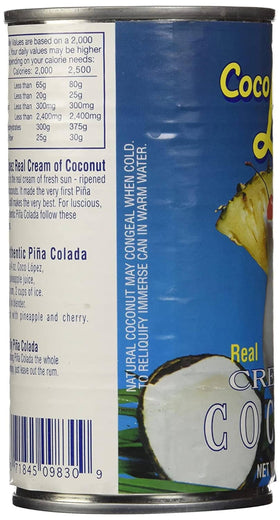 Rex Cream of Coconut can with coconut meat close-up and texture hints.