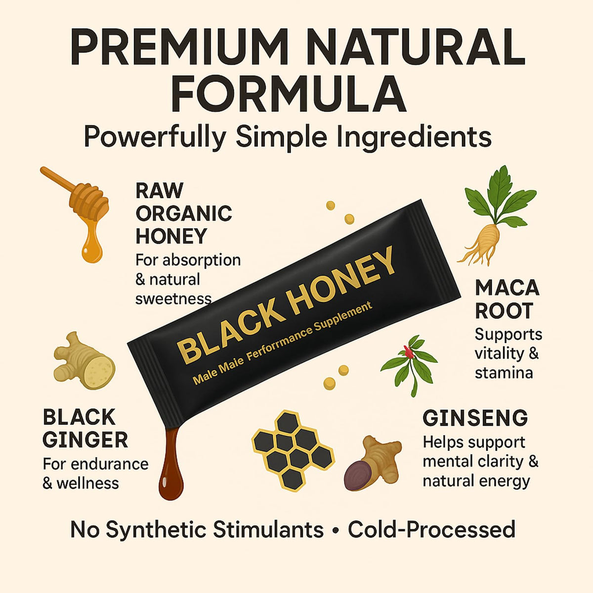 REYUQU Herbal blend close-up featuring maca, ginseng, and black ginger for daily vitality.