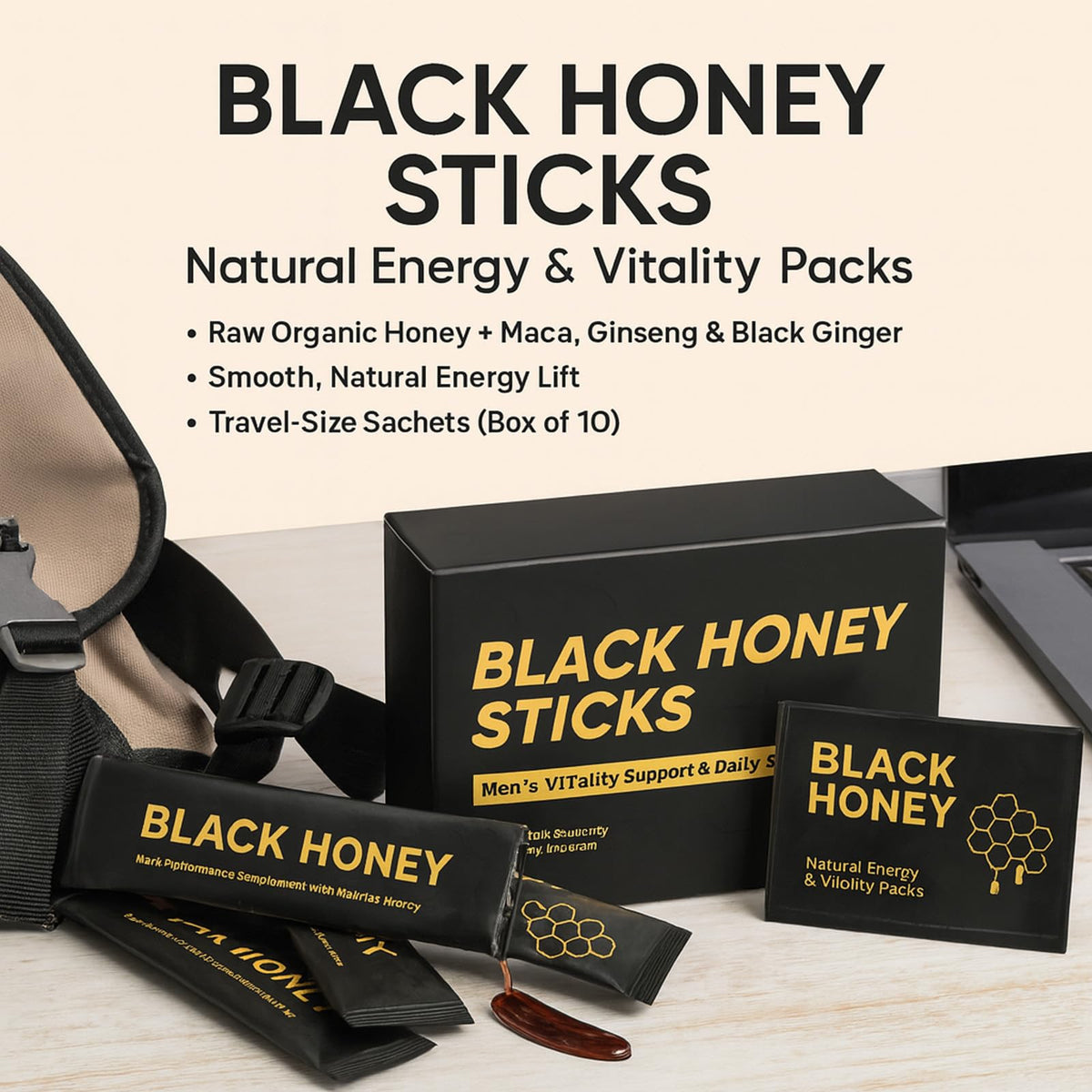 REYUQU Black Honey Sticks sachet opened to reveal easy energy on the move.