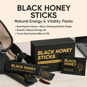 REYUQU Black Honey Sticks sachet opened to reveal easy energy on the move.