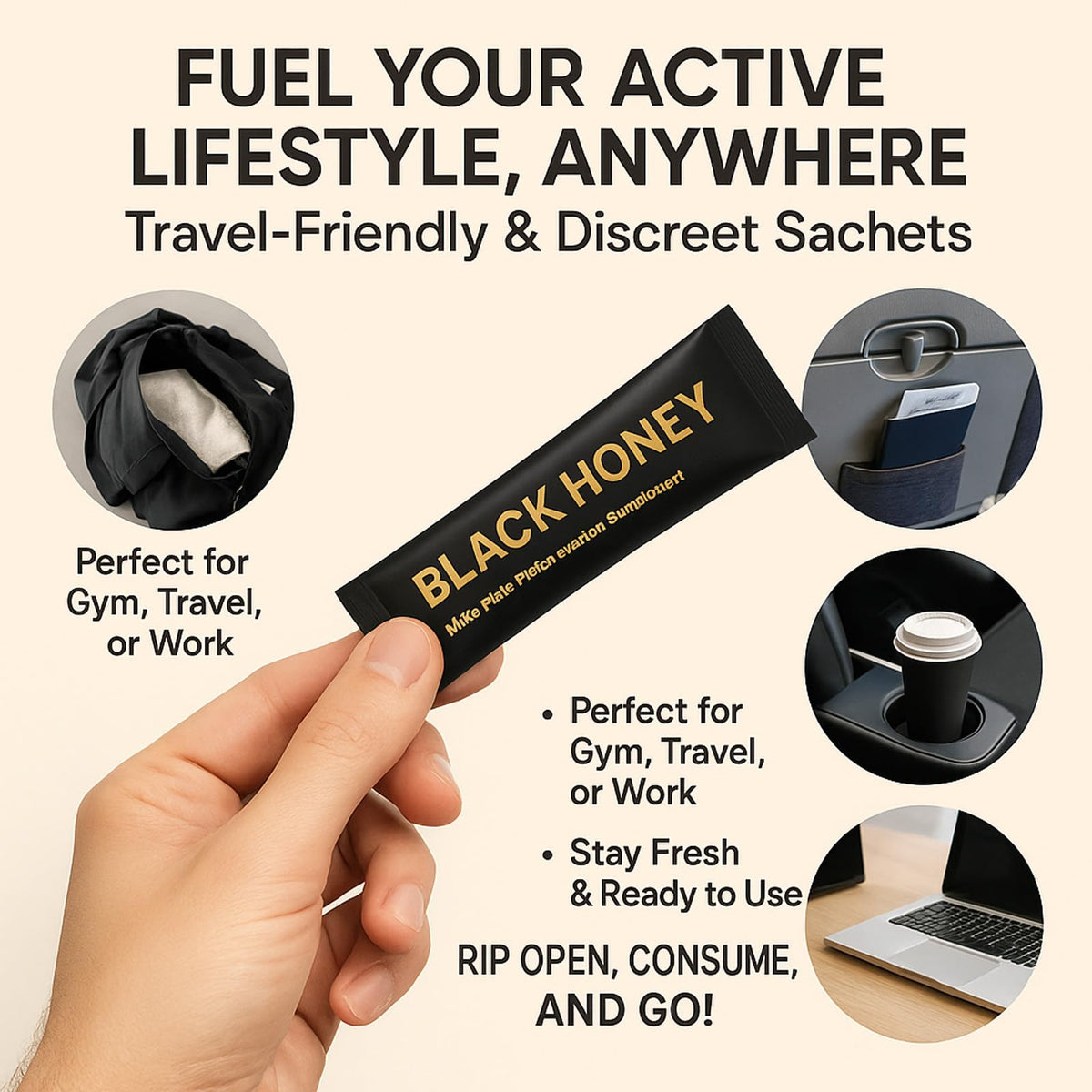 REYUQU Travel sachets tucked in a gym bag for workouts and quick boosts.