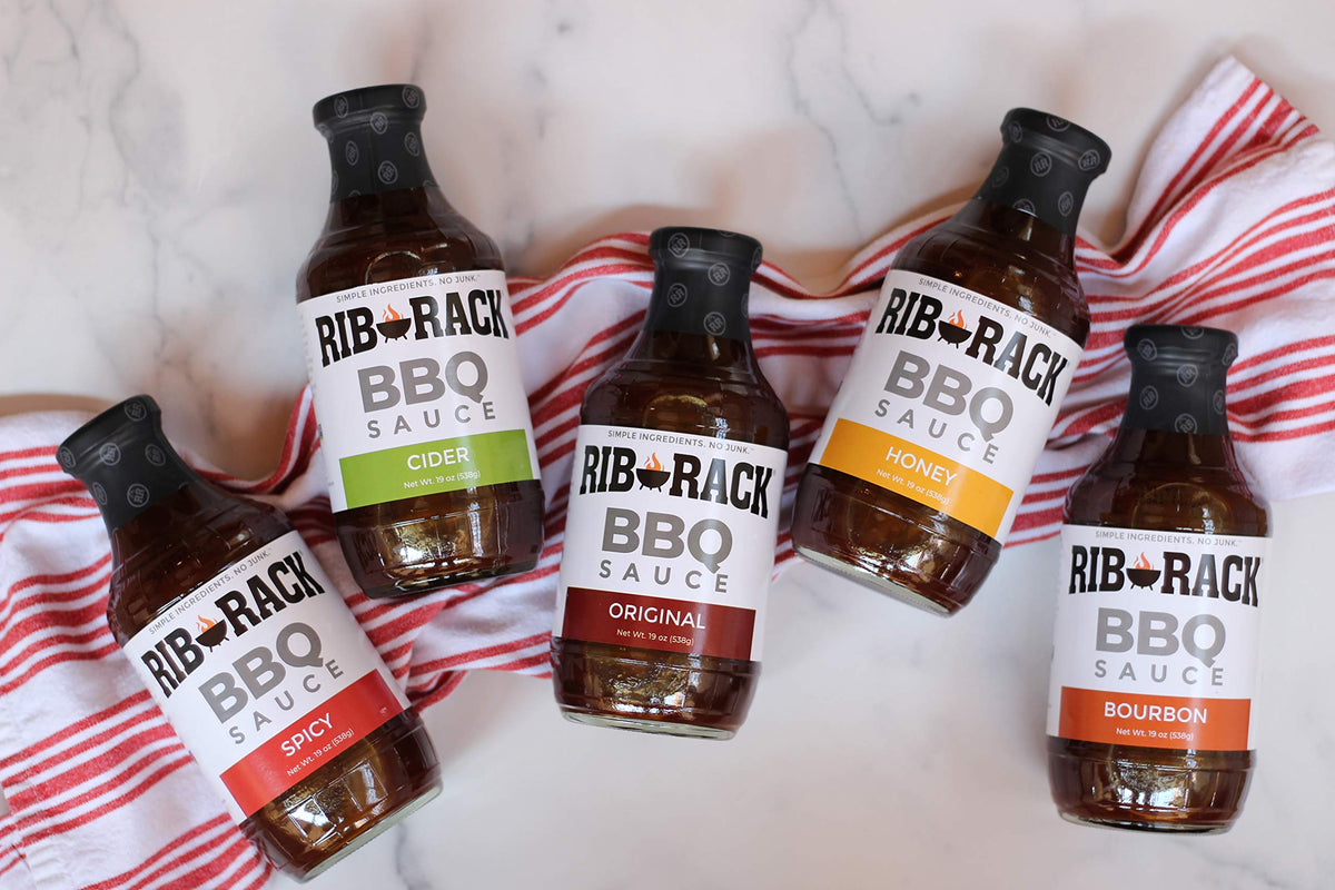 Rib Rack Sweet Honey BBQ Sauce bottle with caramel sweetness for glazing.