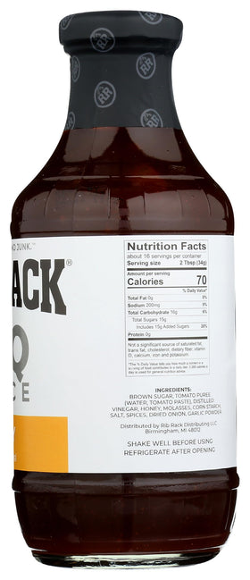 Ingredients label close-up on Rib Rack Sweet Honey BBQ Sauce.