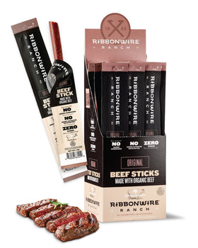 Ribbonwire Ranch Original beef stick on a rustic backdrop with smoky flavor
