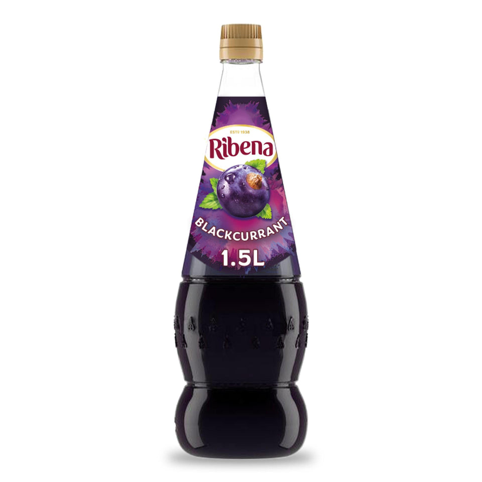 Ribena Blackcurrant Concentrate bottle pour shows rich flavor and vitamin C.