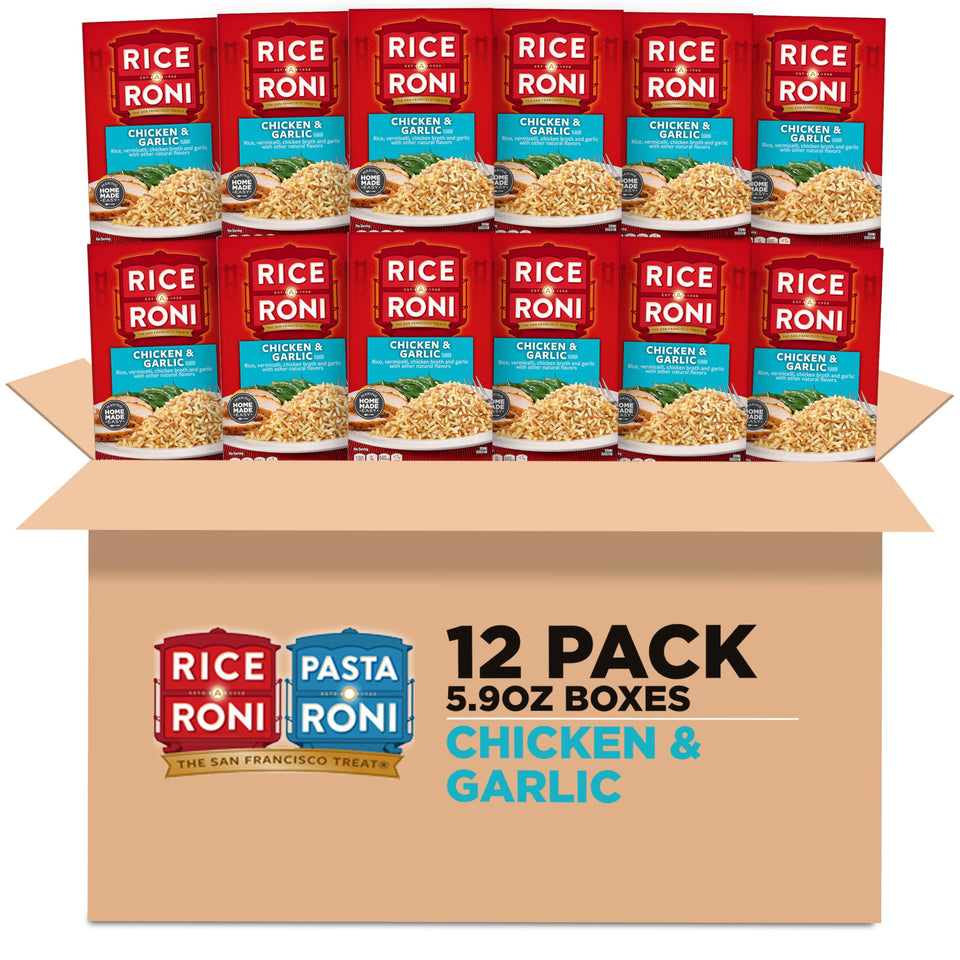 Rice-A-Roni Chicken and Garlic box front; quick weeknight meal starter.