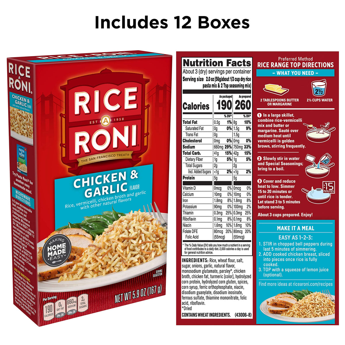 Rice-A-Roni Chicken and Garlic ingredients image; versatile base for dinner.