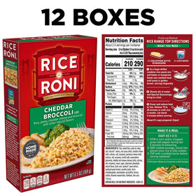 Rice-A-Roni Cheddar Broccoli box back highlighting easy prep and pairing ideas.