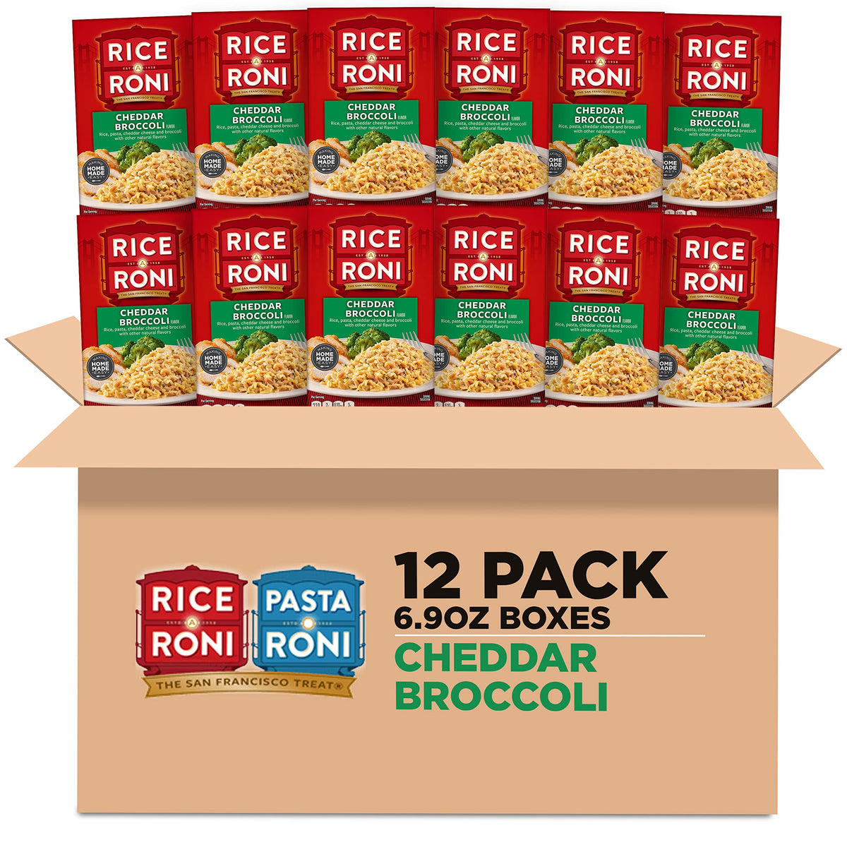 Rice-A-Roni Cheddar Broccoli box front for a quick weeknight side.