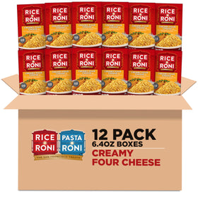 Rice-A-Roni Creamy Four Cheese packaging shown, convenient family meal option