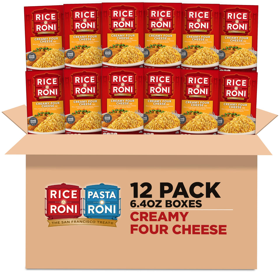 Rice-A-Roni Creamy Four Cheese packaging shown, convenient family meal option