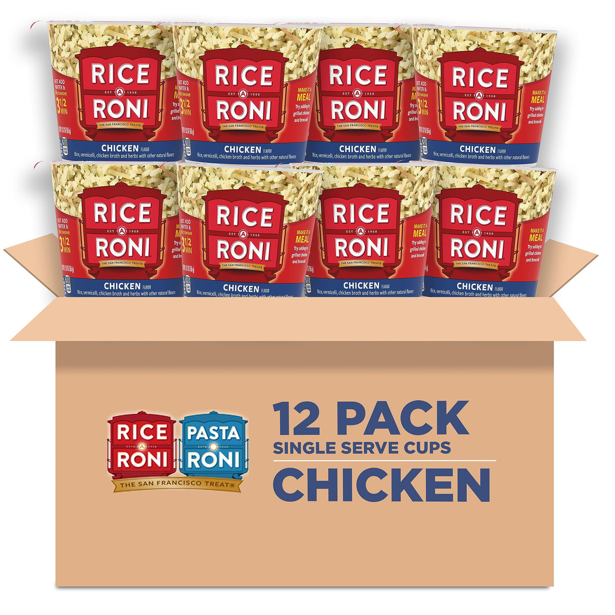 Rice-A-Roni Cups Chicken Flavor microwave-ready cup for fast, tasty meals.